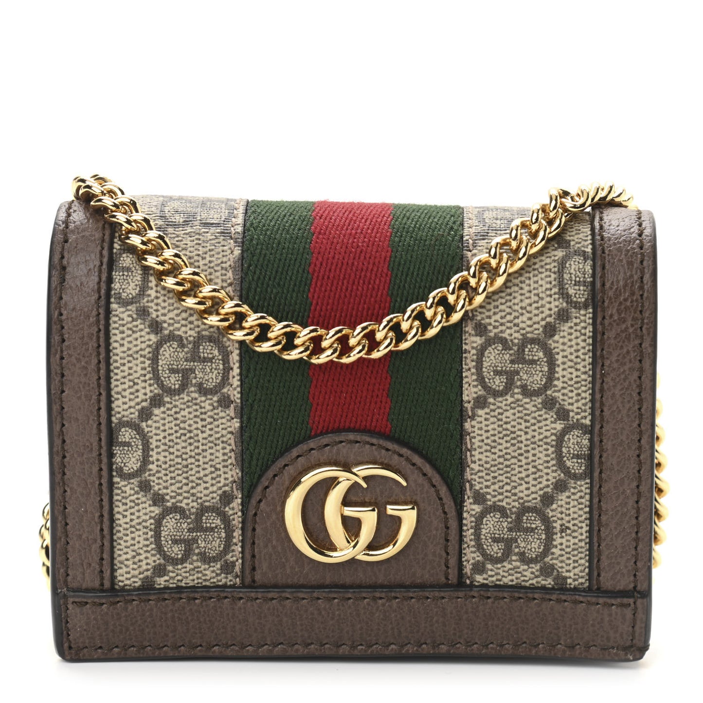 GG Supreme Monogram Web Ophidia Chain Card Case Wallet Beige New Acero