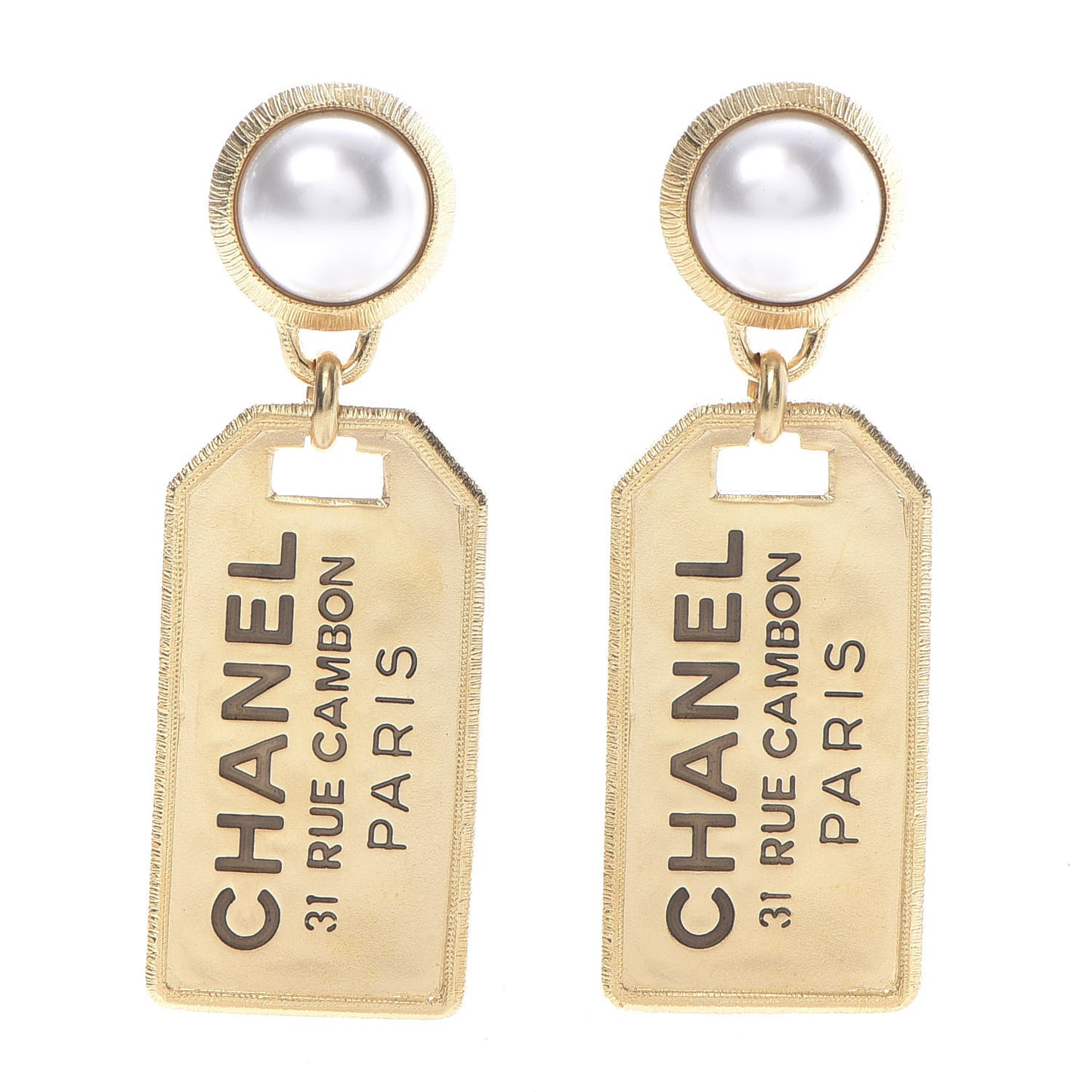 Pearl CC Tags Drop Earrings Gold