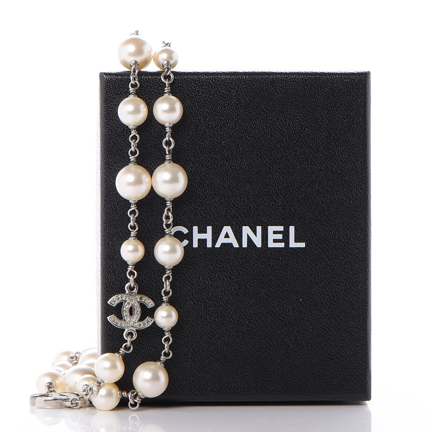 Crystal Pearl CC Long Necklace Silver
