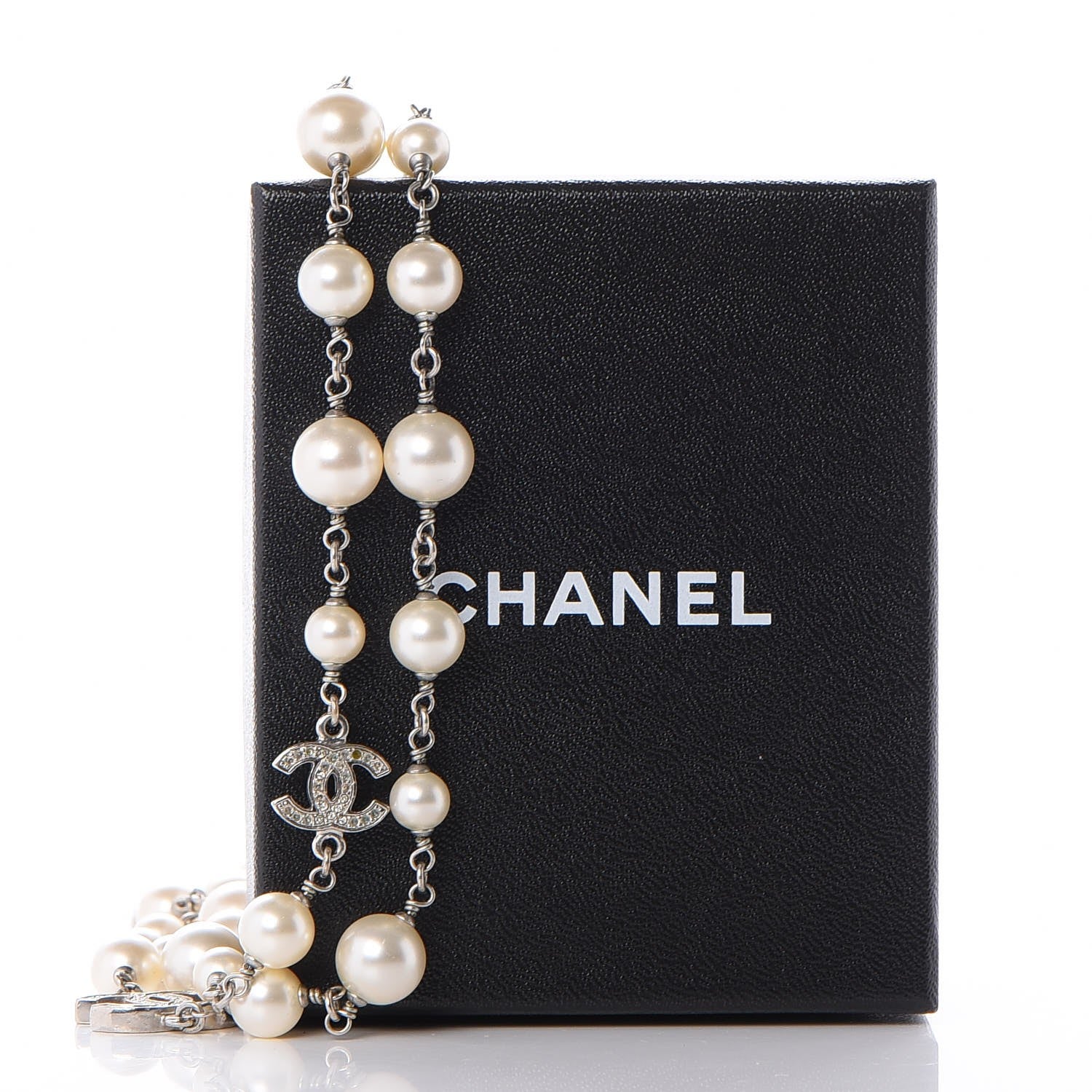 Chanel Crystal Pearl CC Long Necklace Silver 7 of 7