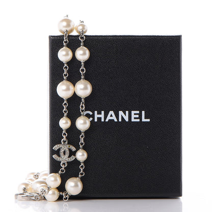 Chanel Crystal Pearl CC Long Necklace Silver 7 of 7