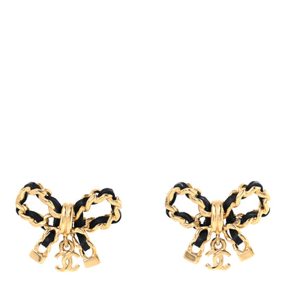 Chanel Lambskin Chain Bow Stud Earrings Black Gold 1 of 5