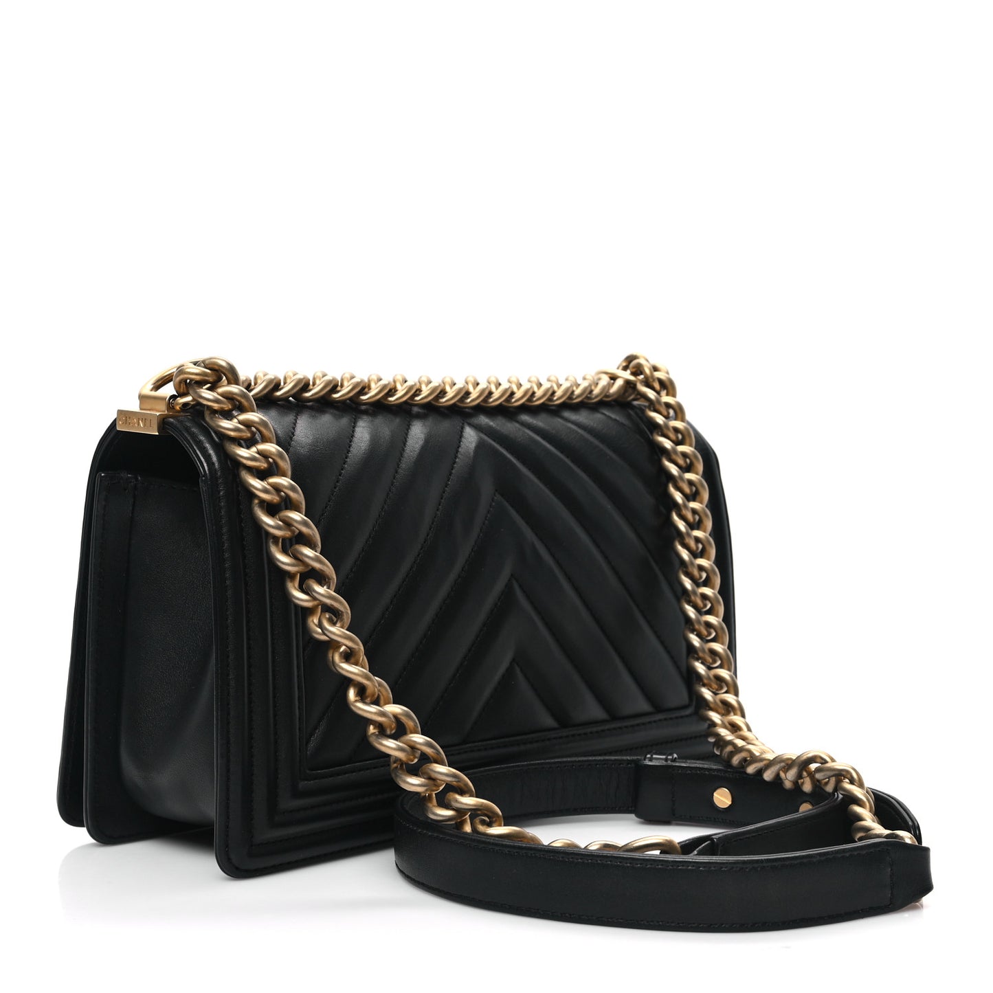 Calfskin Chevron Quilted Medium Boy Flap Black