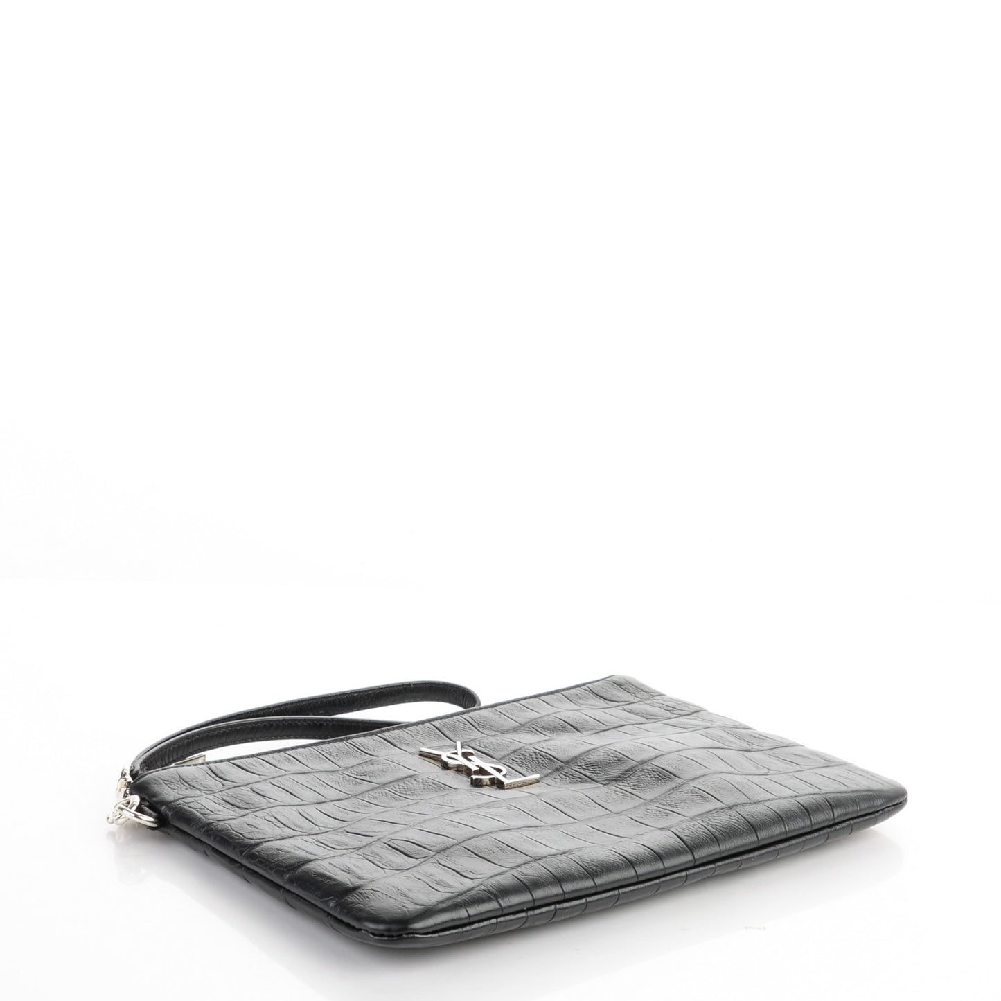 Calfskin Crocodile Embossed Monogram Zip Pouch Black