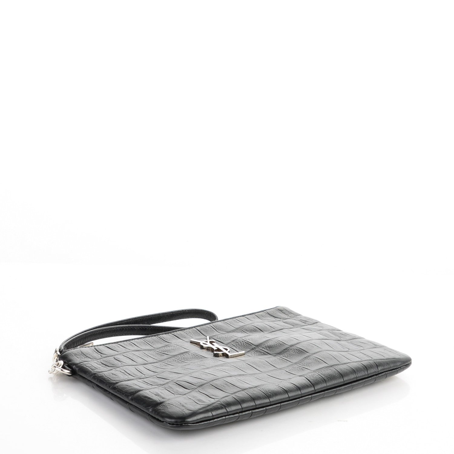Saint Laurent Calfskin Crocodile Embossed Monogram Zip Pouch Black 4 of 7