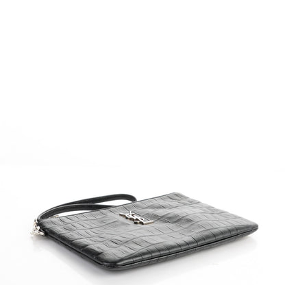 Saint Laurent Calfskin Crocodile Embossed Monogram Zip Pouch Black 4 of 7