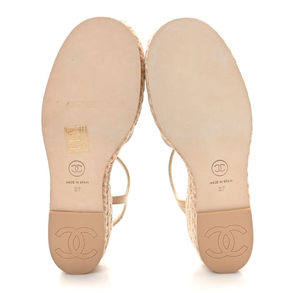 Chanel Lambskin Grosgrain CC Espadrilles Wedges 37 Beige Black 6 of 9