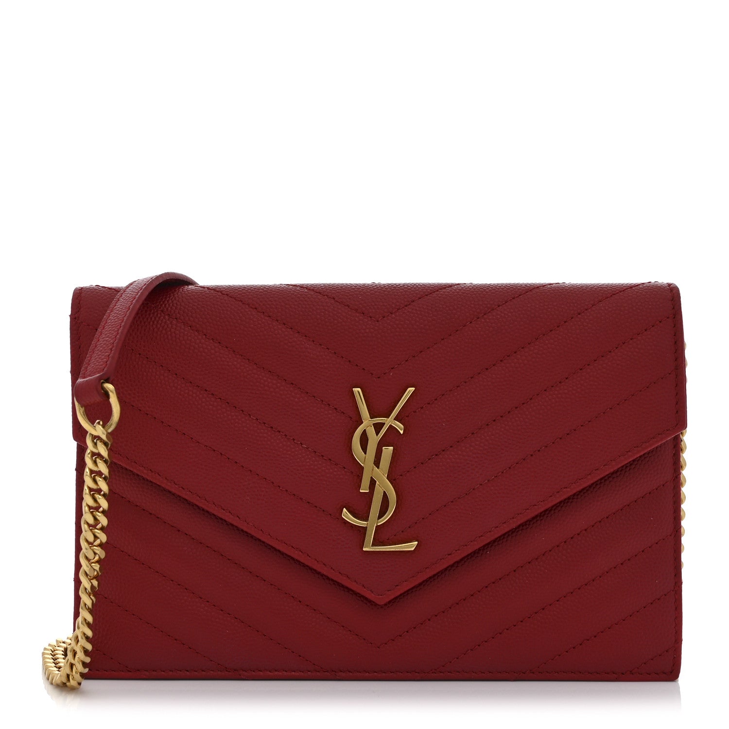 Saint Laurent Grain De Poudre Matelasse Chevron Monogram Envelope Chain Wallet New Red 1 of 10
