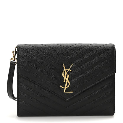 Saint Laurent Grain De Poudre Matelasse Chevron Monogram Envelope Clutch Black 1 of 10