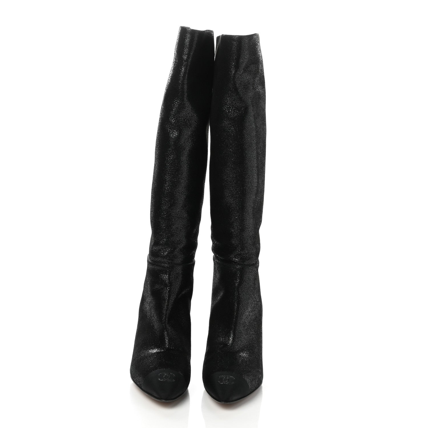 Chanel Glitter Suede Grosgrain Cap Toe Knee High Boots 38.5 Black 2 of 7