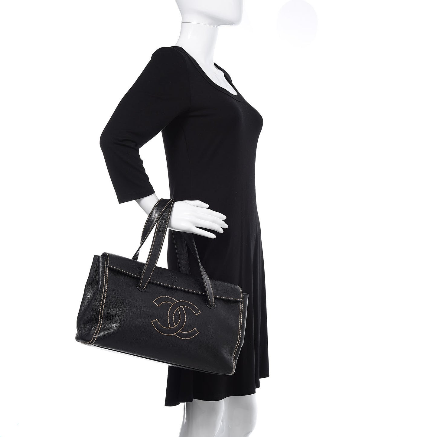 Caviar CC Stitched Flap Shoulder Bag Black