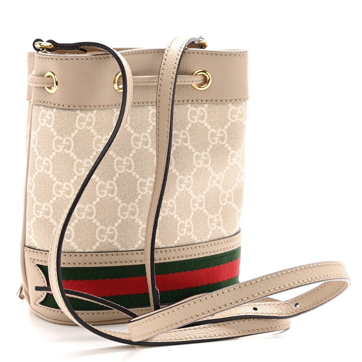 GG Supreme Monogram Textured Calfskin Web Mini Ophidia Bucket Bag Beige Mystic White Oatmeal