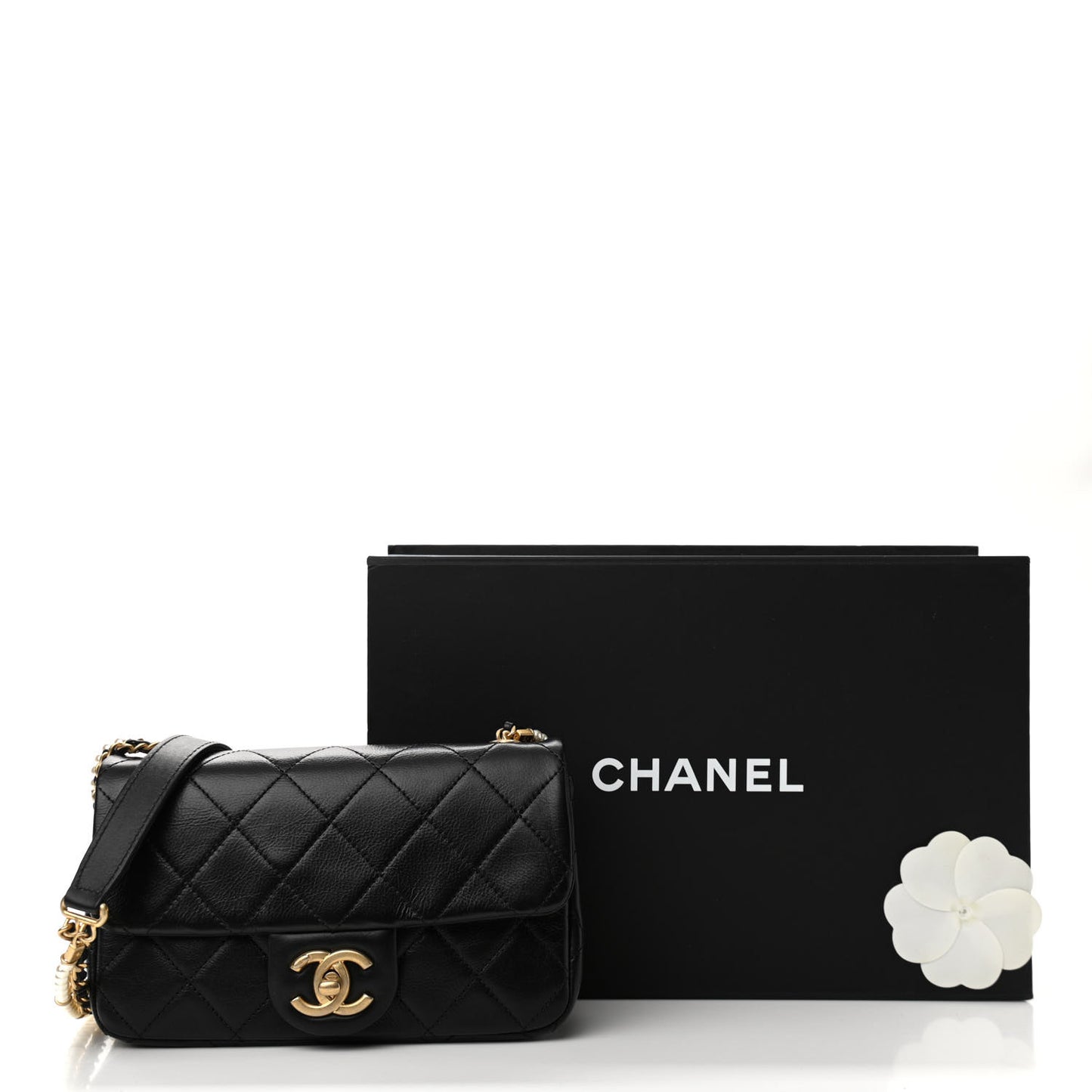 Calfskin Quilted Mini Rectangular Crystal Pearls Chain Flap Black