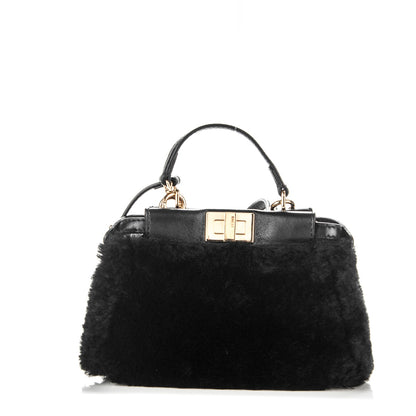 Fendi Shearling Shiny Nappa Micro Peekaboo Iconic Satchel Black 1 of 7