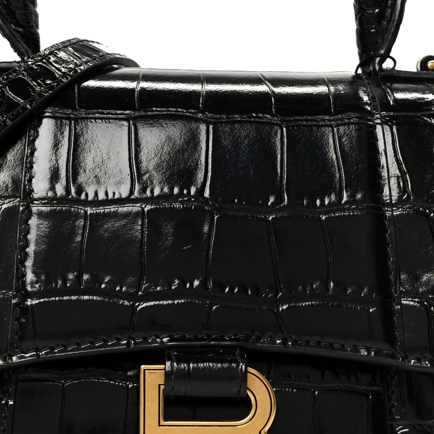 Shiny Calfskin Crocodile Embossed Hourglass Top Handle Bag XS Black