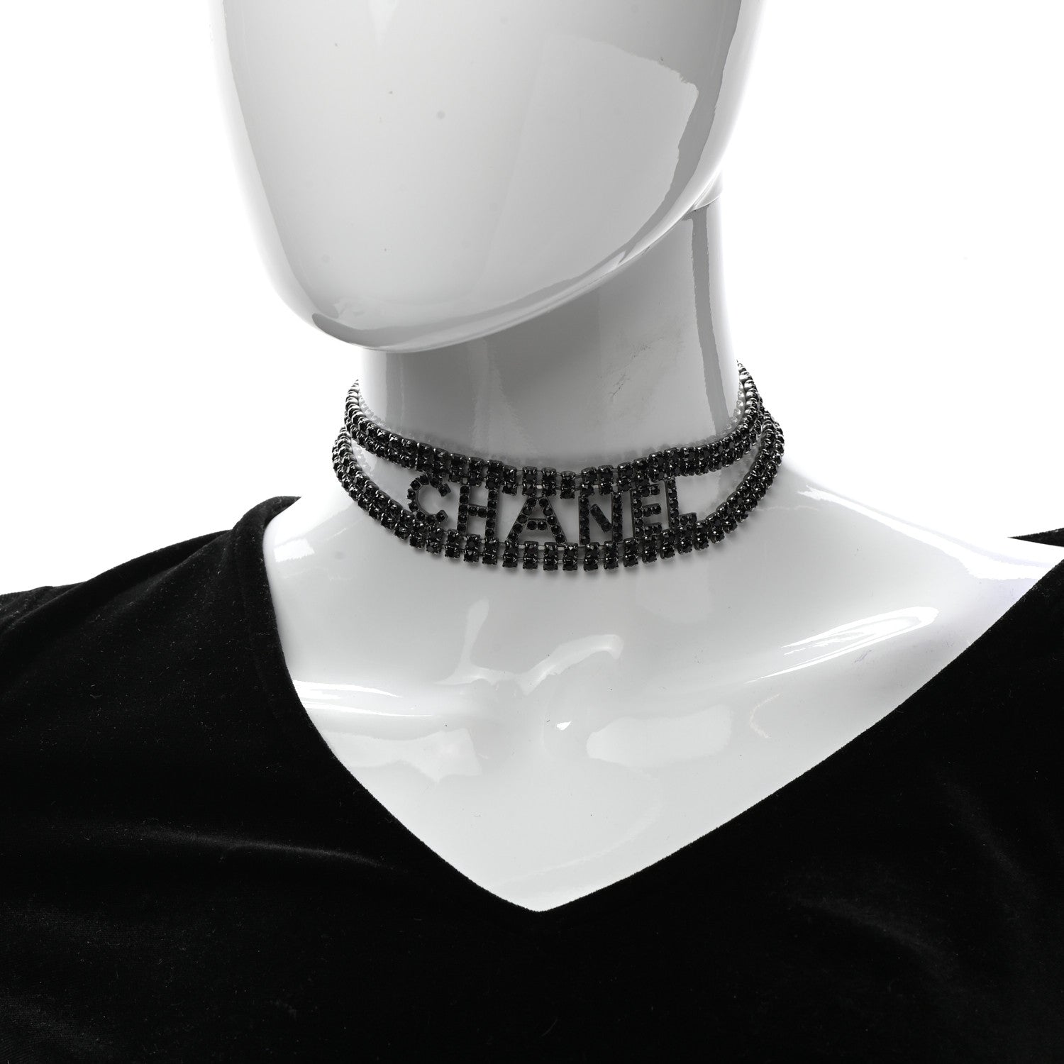 Chanel Crystal CC Logo Choker Necklace Silver Black 2 of 7