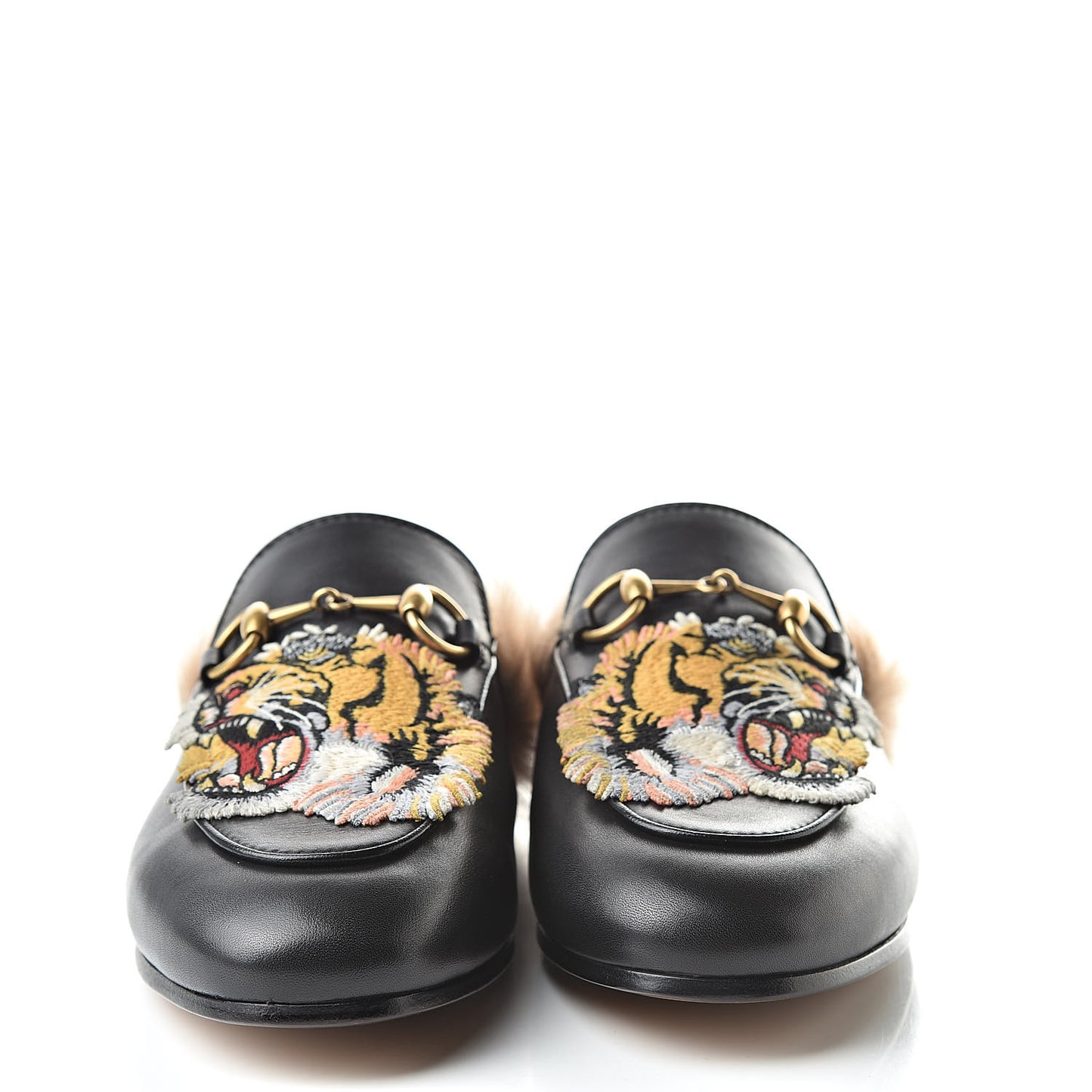 Calfskin Fur Tiger Embroidered Womens Princetown Slippers 35.5 Black