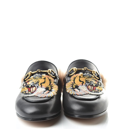 Gucci Calfskin Fur Tiger Embroidered Womens Princetown Slippers 35.5 Black 2 of 9