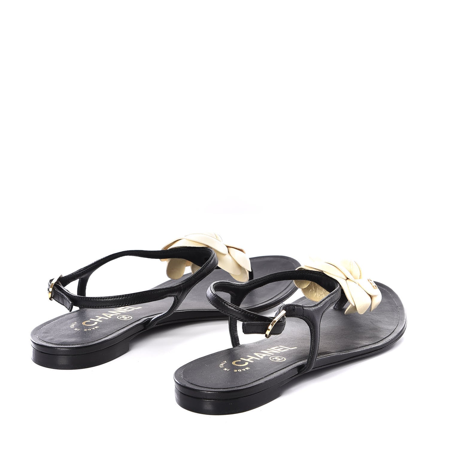 Chanel Lambskin Camellia Thong Sandals 35.5 Black White 4 of 11