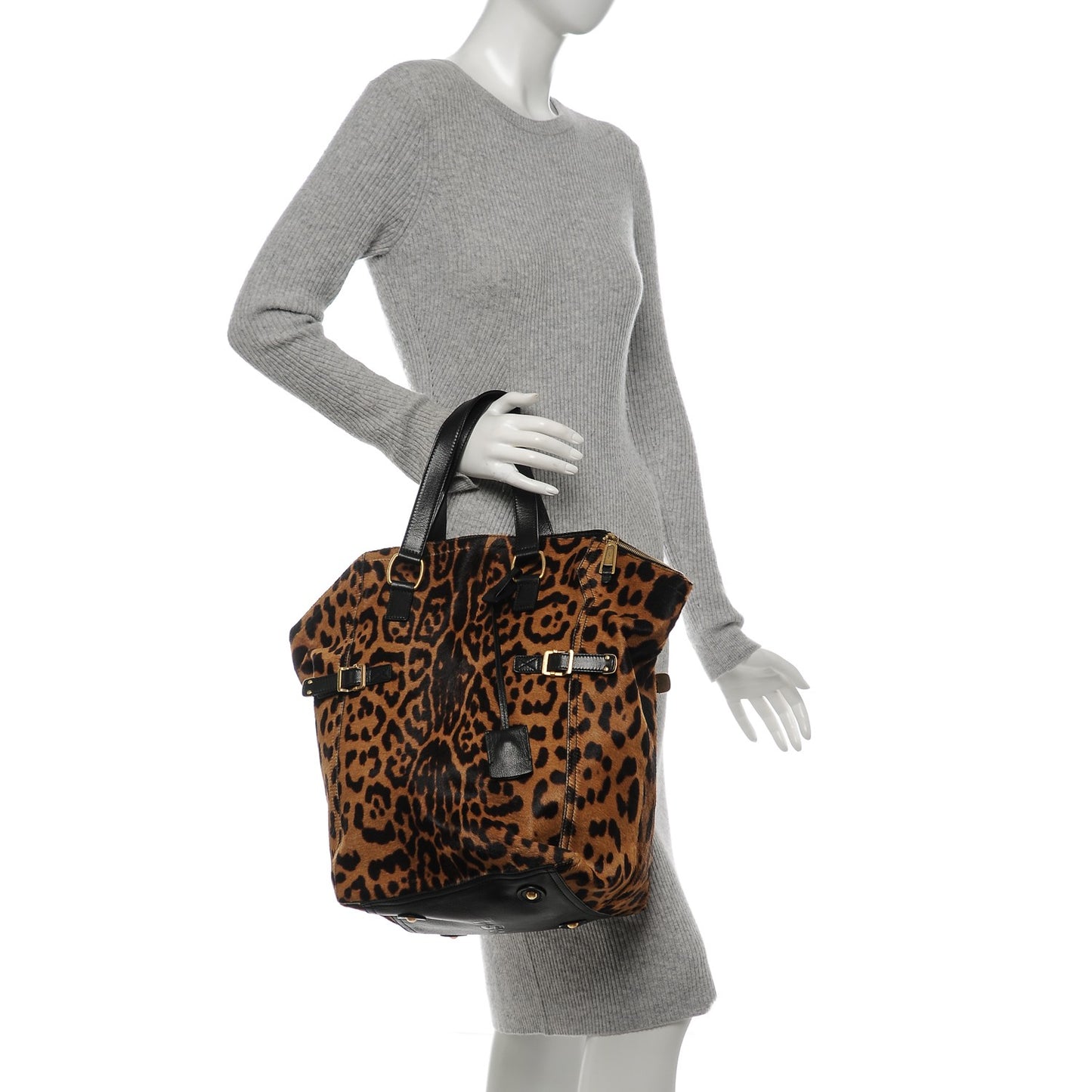 Pony Hair Leopard Print Large Downtown Tote Black