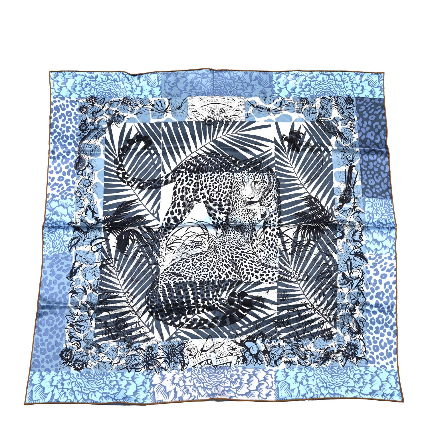 Hermes Silk Jungle Love Tampon Scarf 70 Bleu Jean White 1 of 6