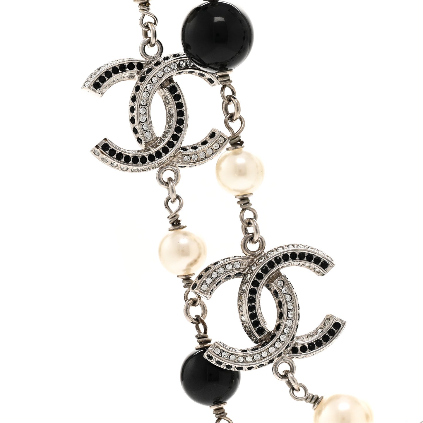 Metal Pearl Crystal Bead CC Long Necklace Silver Black