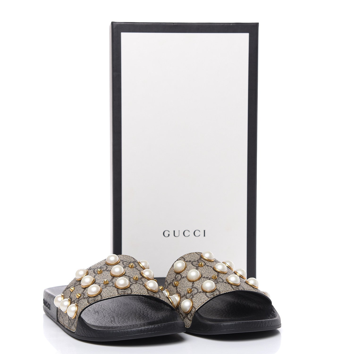 Gucci GG Supreme Monogram Pearls Slide Sandals 37 Beige 8 of 8