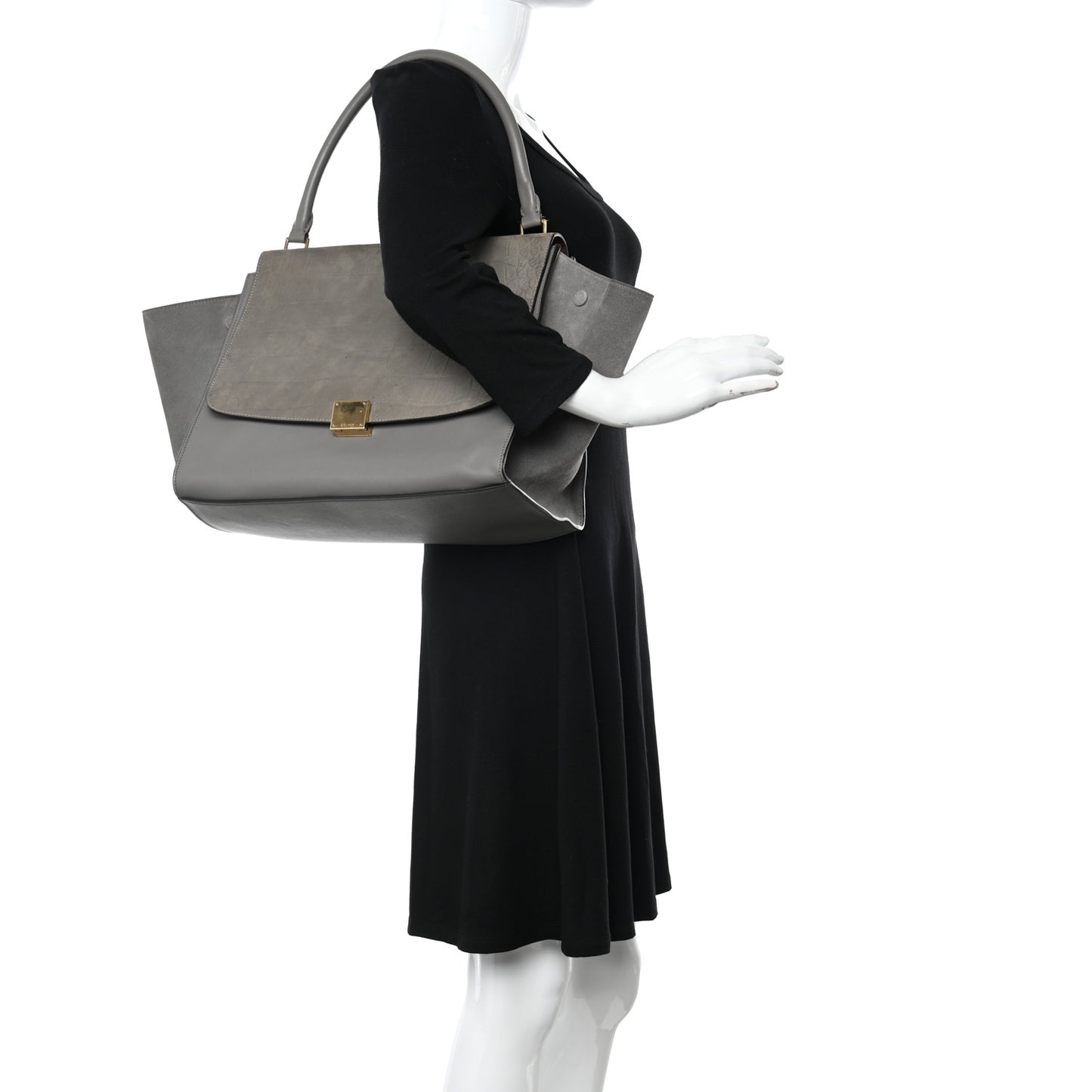 Crocodile Embossed Calfskin Suede Large Trapeze Grey