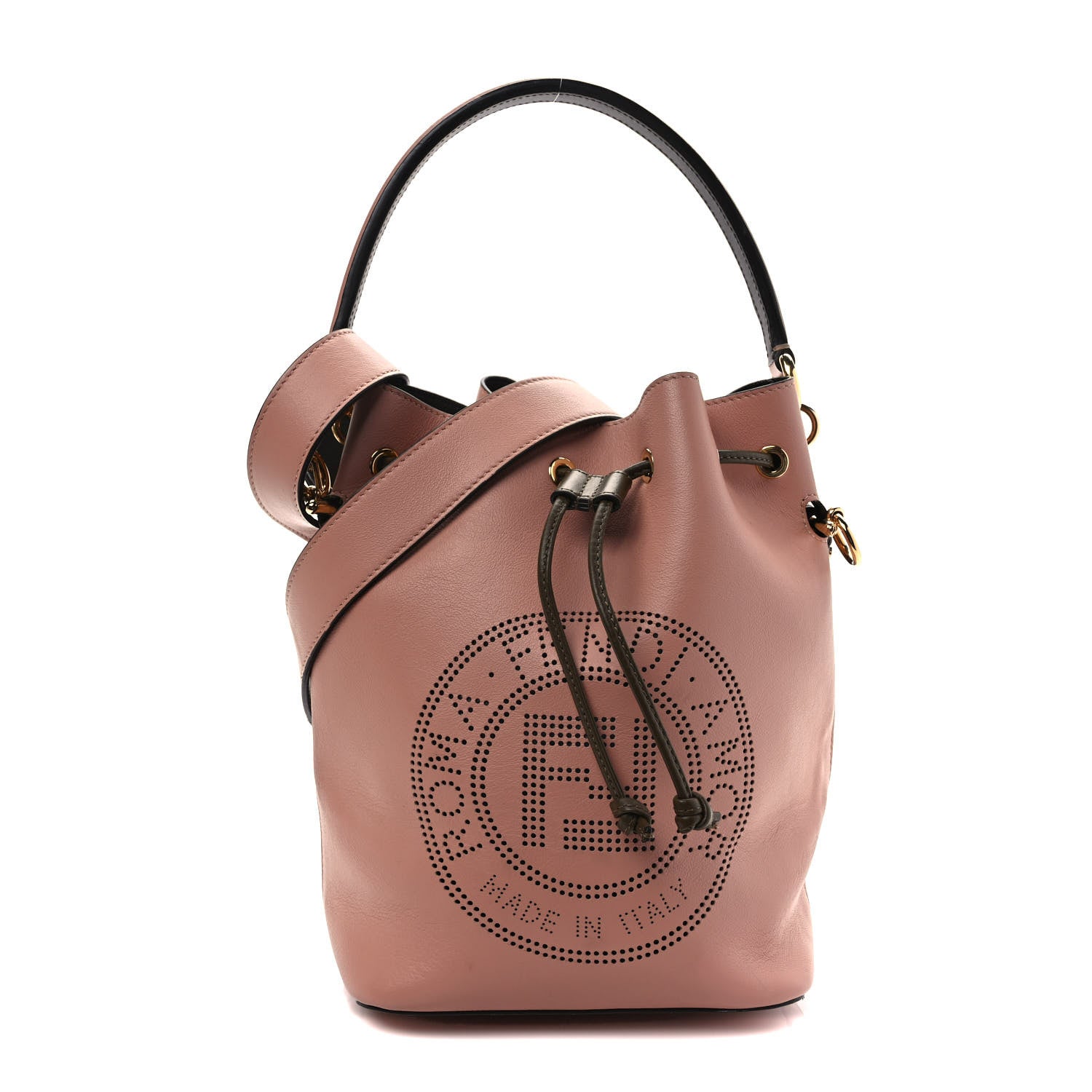 Fendi Vitello Grace F is Fendi Stamp Patch Perforated Small Mon Tresor Bucket Bag Rosa Bourbon 1 of 8