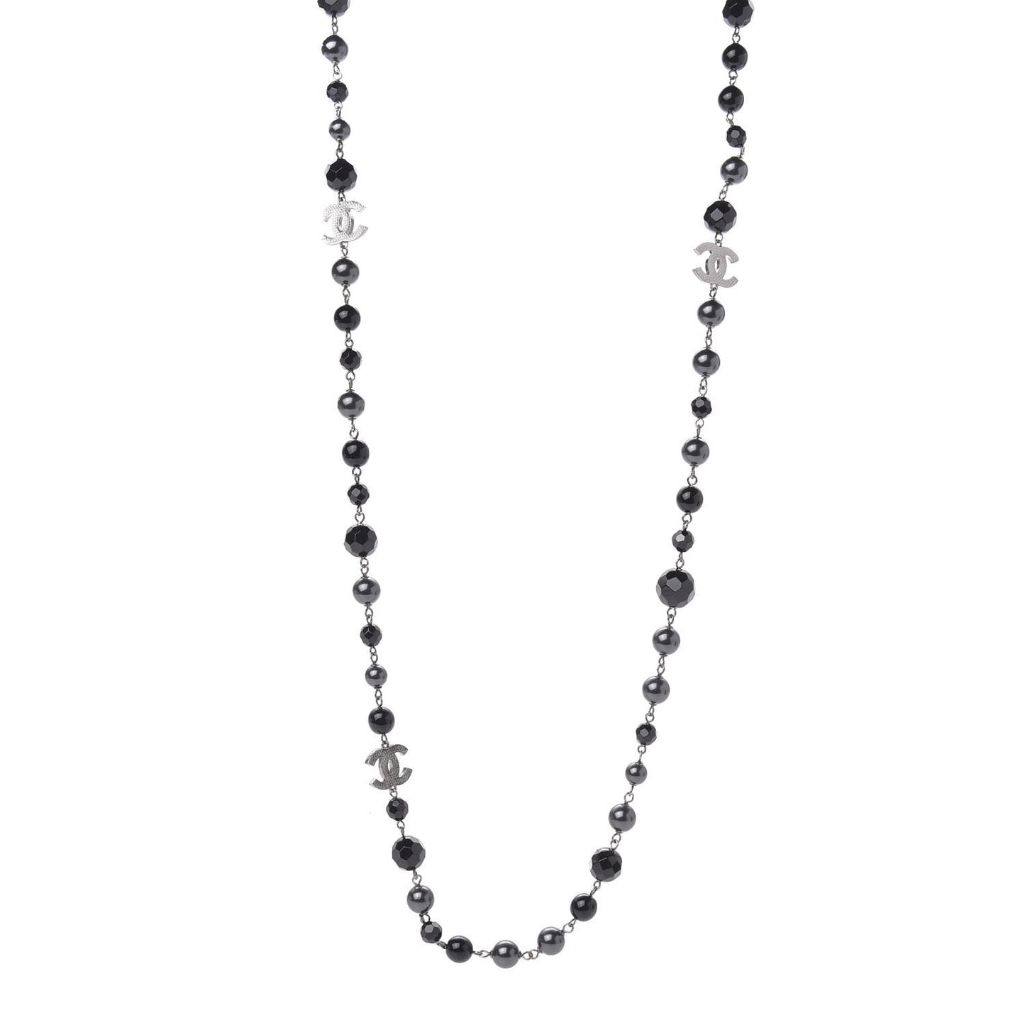 Pearl Bead Enamel CC Long Necklace Silver Black Grey