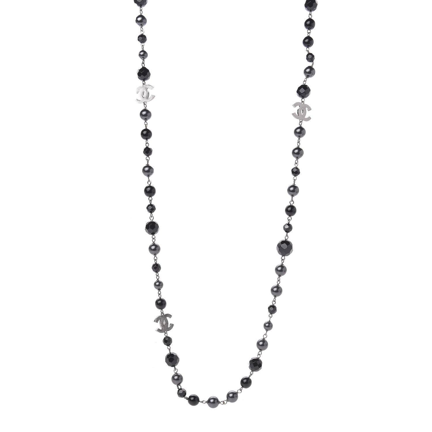 Chanel Pearl Bead Enamel CC Long Necklace Silver Black Grey 1 of 5
