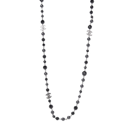 Chanel Pearl Bead Enamel CC Long Necklace Silver Black Grey 1 of 5
