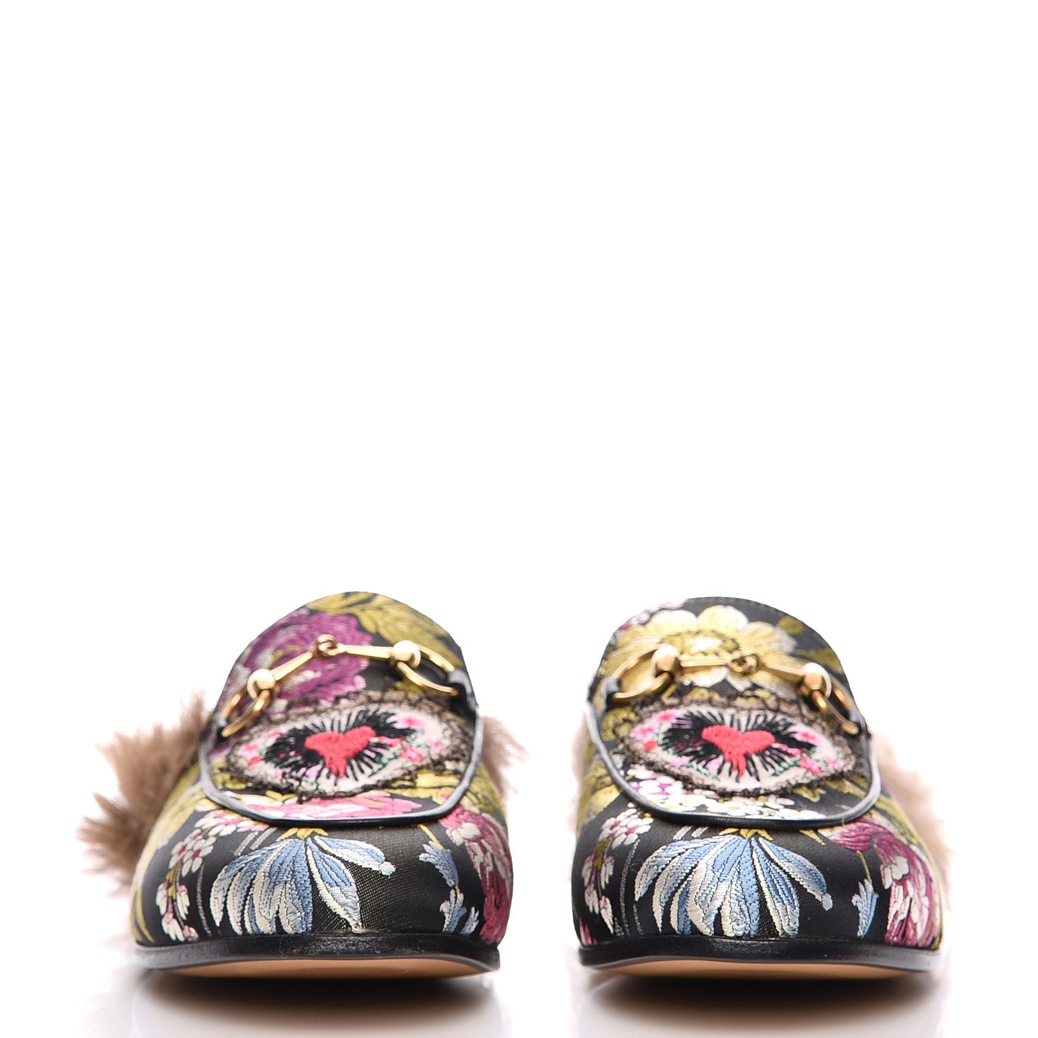 Gucci Jacquard Fur Floral Embroidered Womens Princetown Slippers 35.5 Black Multicolor 3 of 9