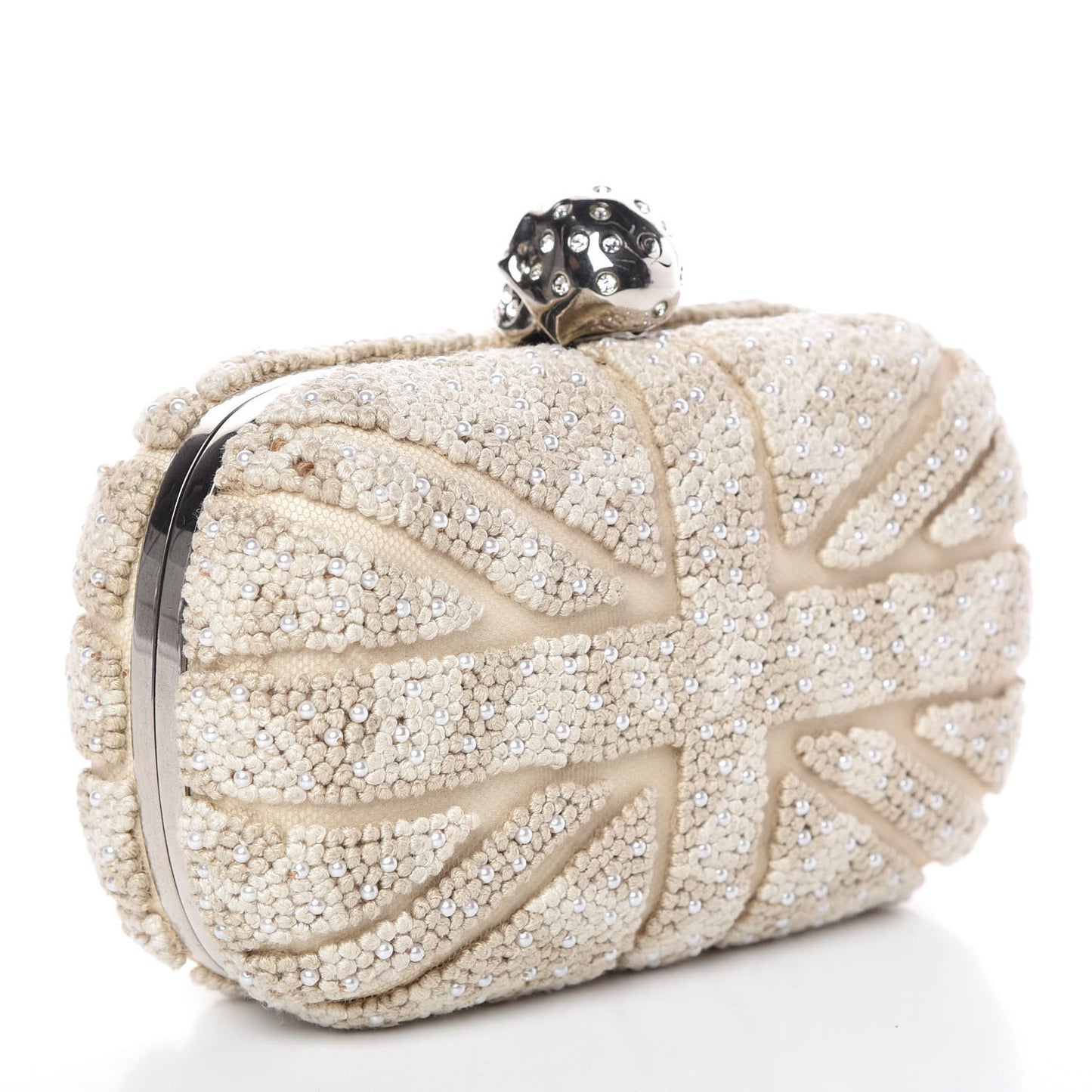 Canvas Beaded Britannia Skull Box Clutch Natural