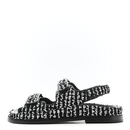 Chanel Tweed Lambskin Dad Sandals 38 Black White 1 of 9