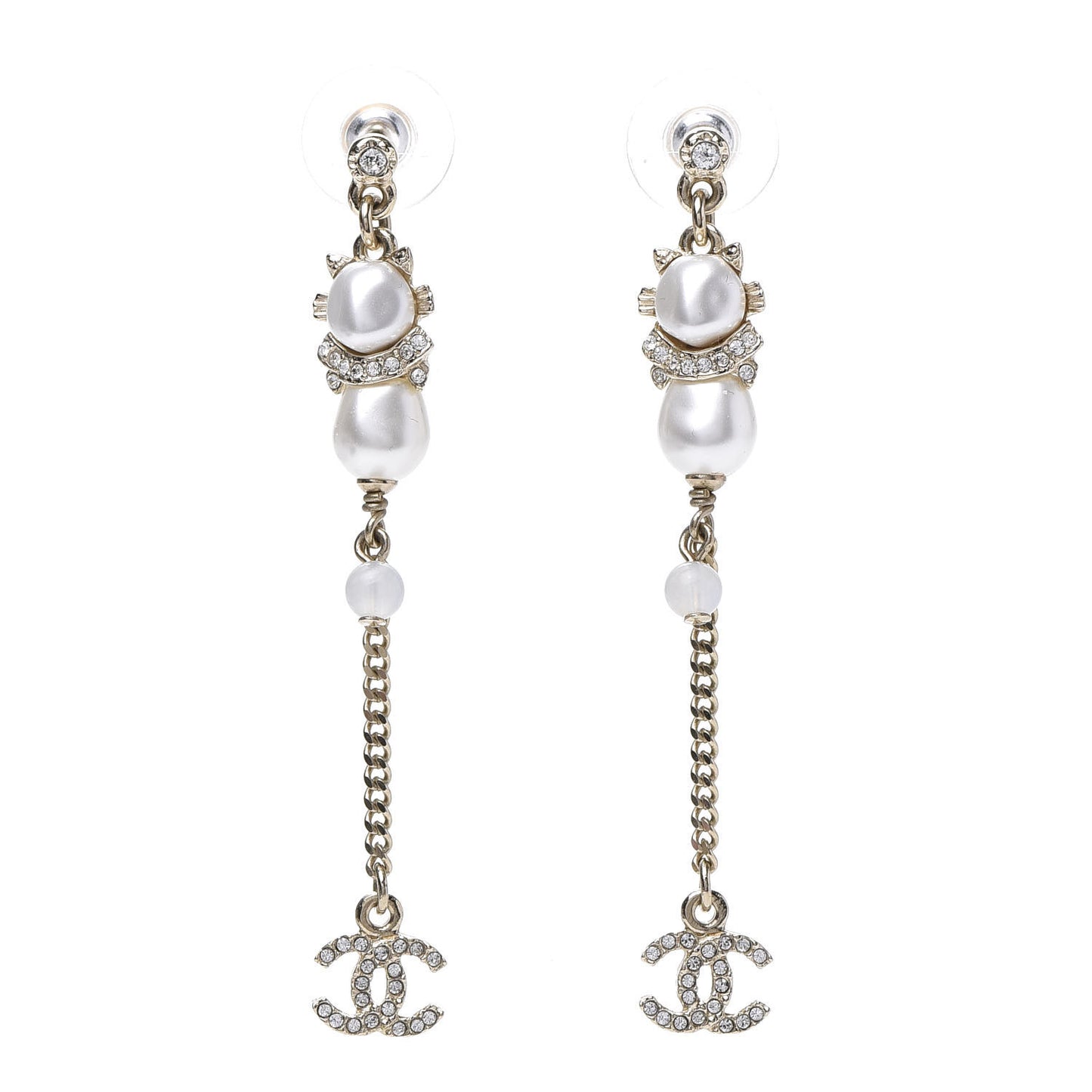 Pearl Crystal CC Drop Earrings Gold