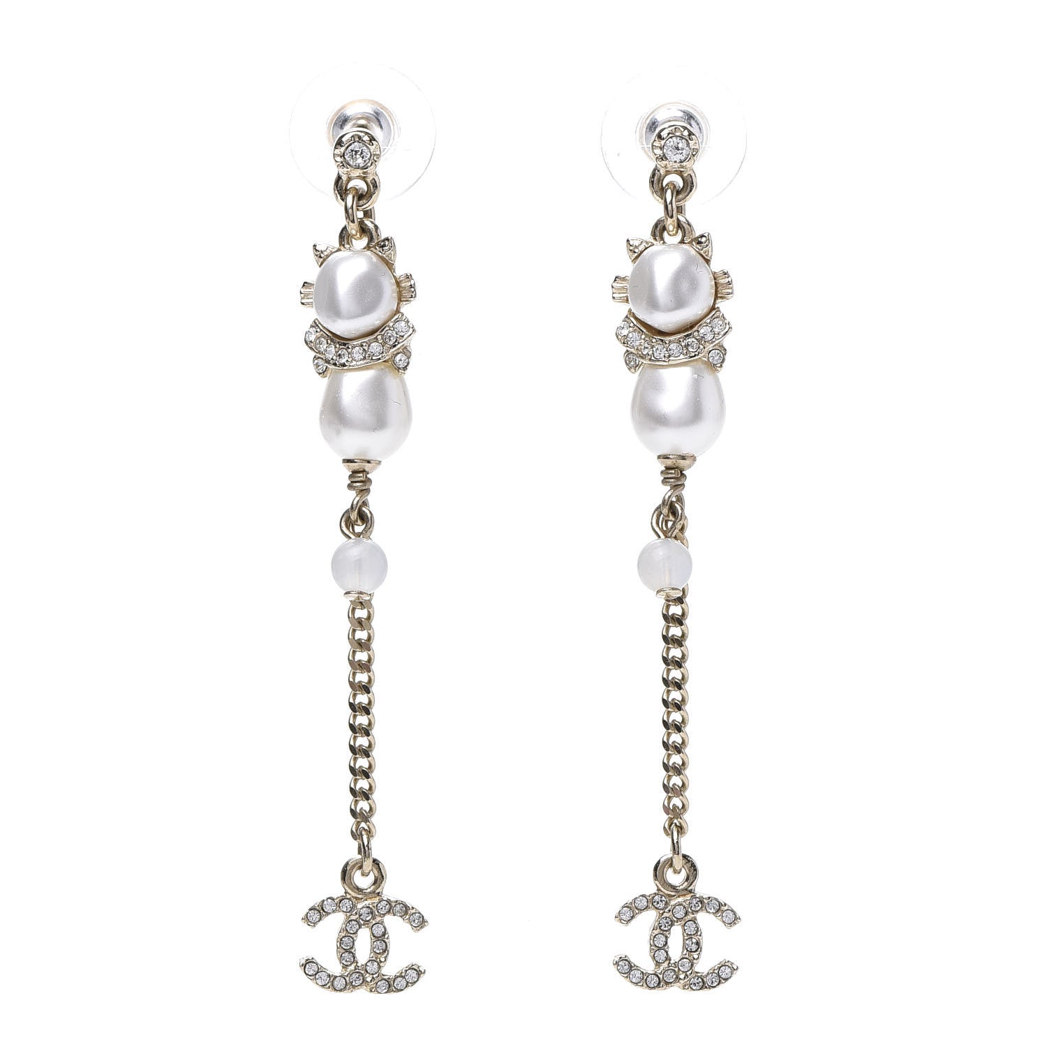 Chanel Pearl Crystal CC Drop Earrings Gold 1 of 3