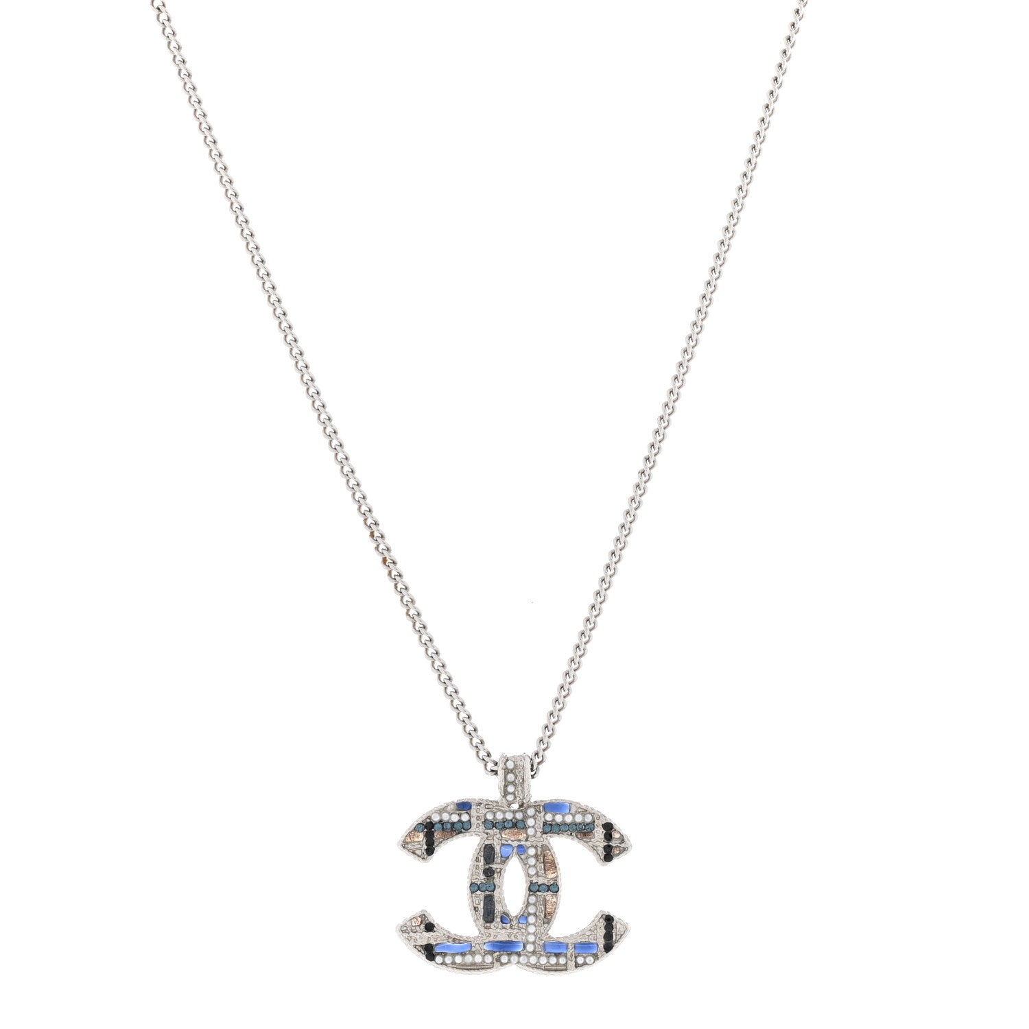 Chanel Crystal Pearl Tweed Effect CC Necklace Blue White 1 of 6