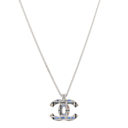 Chanel Crystal Pearl Tweed Effect CC Necklace Blue White 1 of 6