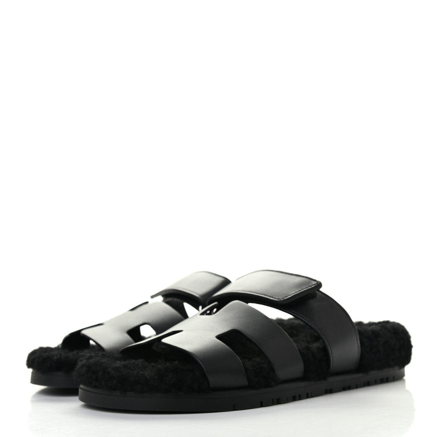 Hermes Calfskin Woolskin Womens Chypre Sandals 37 Black 3 of 8
