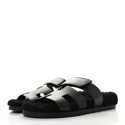 Hermes Calfskin Woolskin Womens Chypre Sandals 37 Black 3 of 8