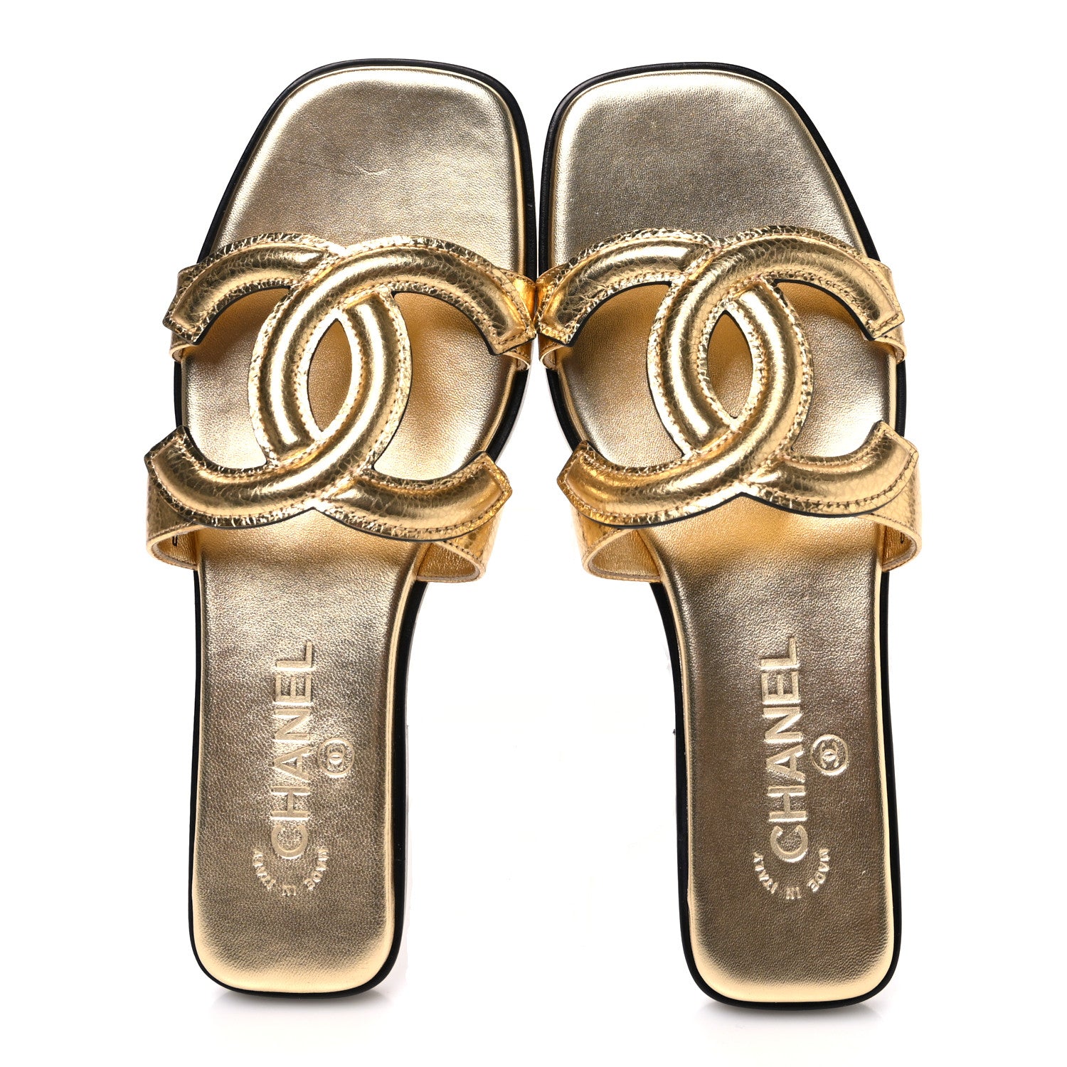 Chanel Crackled Laminated Calfskin CC Cut Out Mules Sandals 37.5 Gold 2 of 11