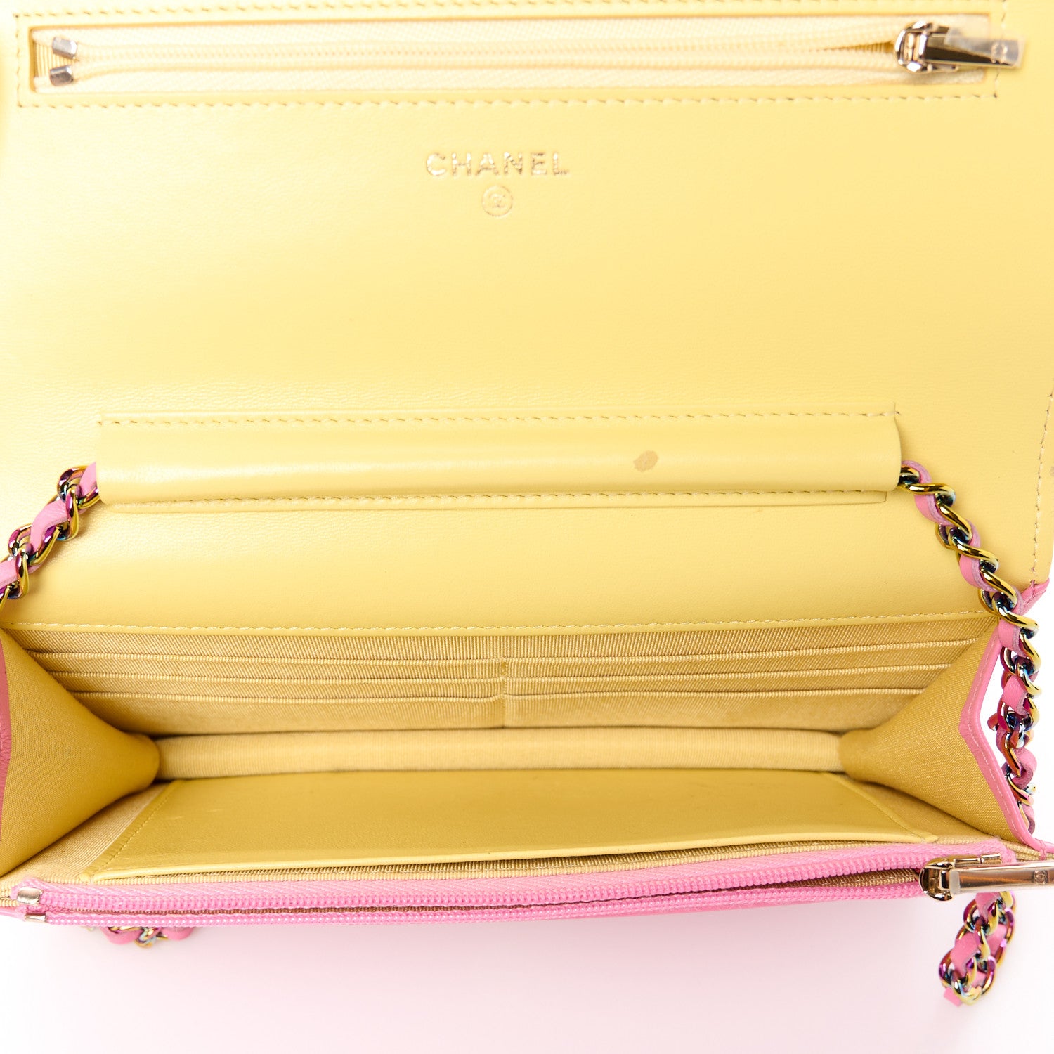 Chanel Lambskin Quilted Wallet On Chain WOC Pink Yellow 5 of 11