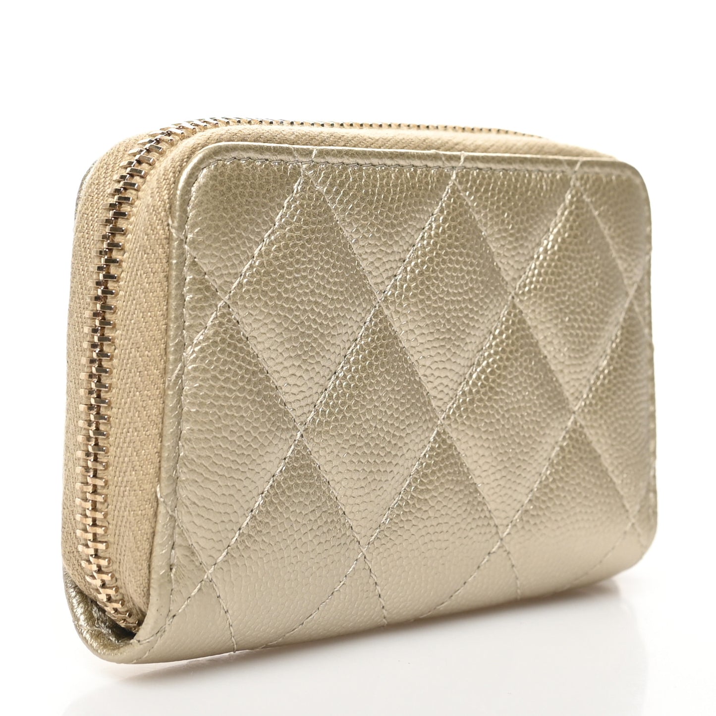 Metallic Caviar Quilted Zip Coin Purse Light Gold
