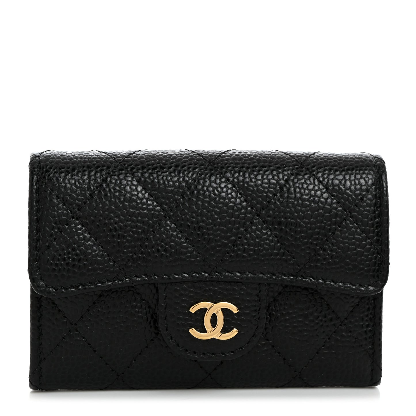 Caviar Quilted Flap Card Holder Wallet Black
