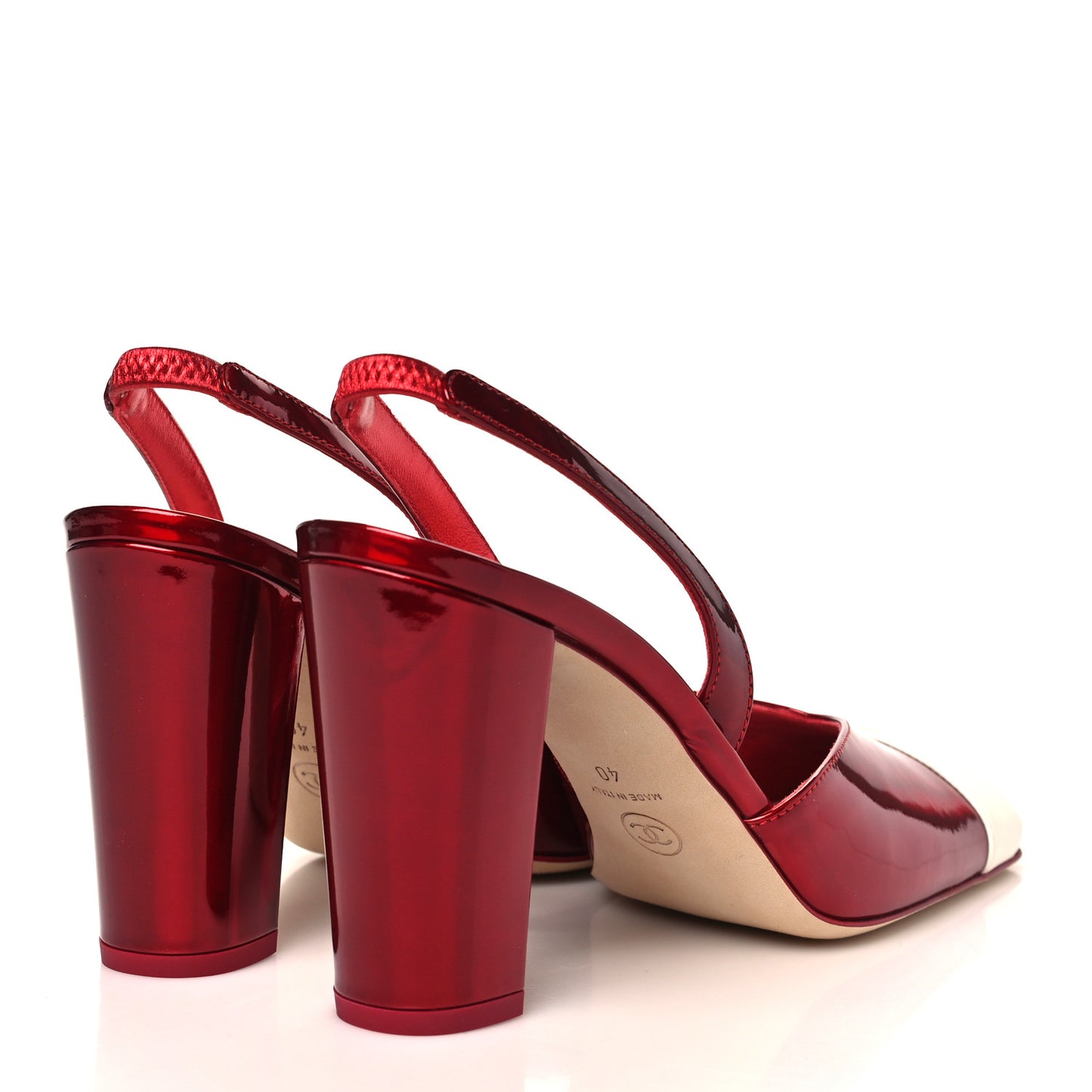 Lambskin Laminated Calfskin Cap Toe CC Slingback Pumps 40 Red Ivory
