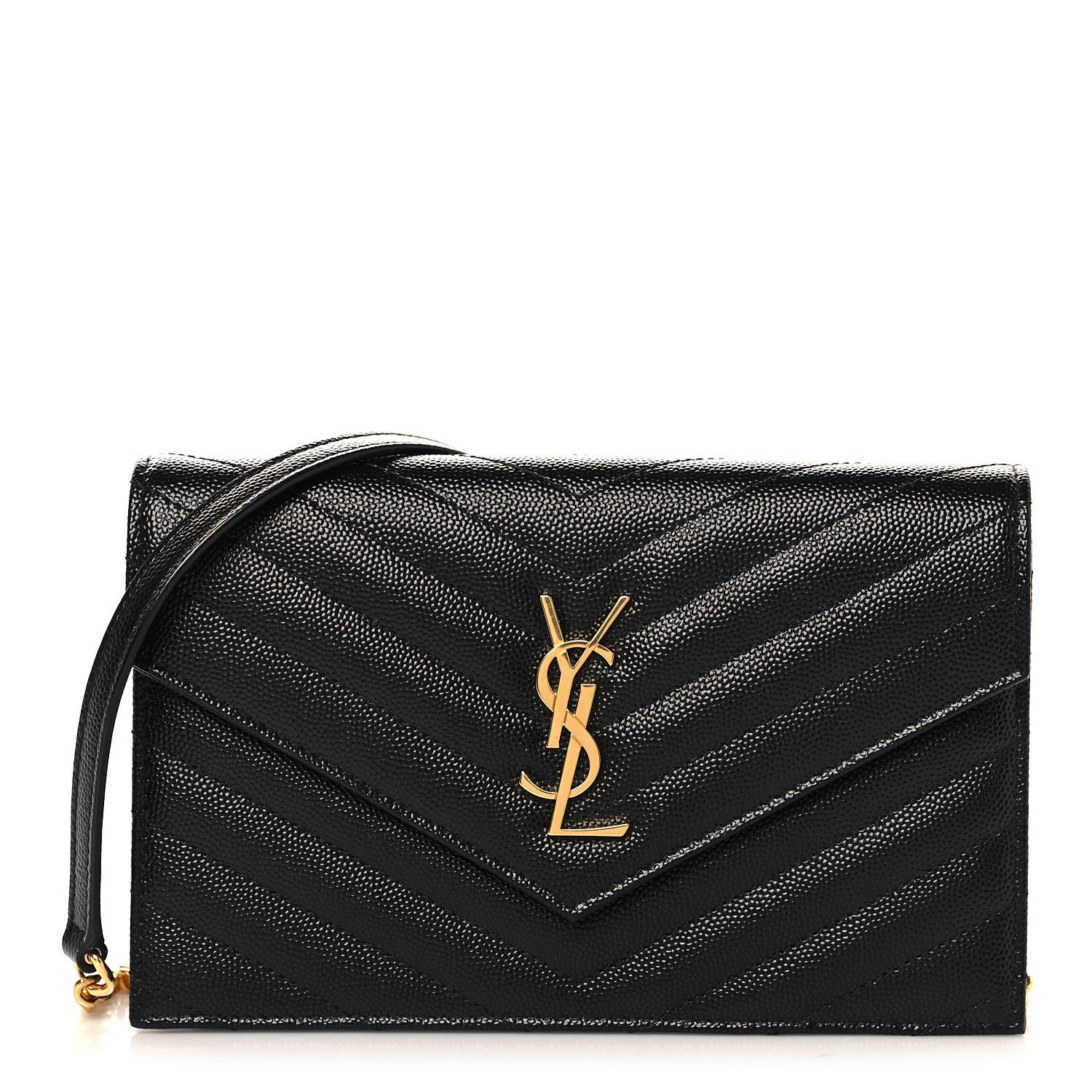 Saint Laurent Grain De Poudre Matelasse Chevron Monogram Envelope Chain Wallet Black 1 of 10