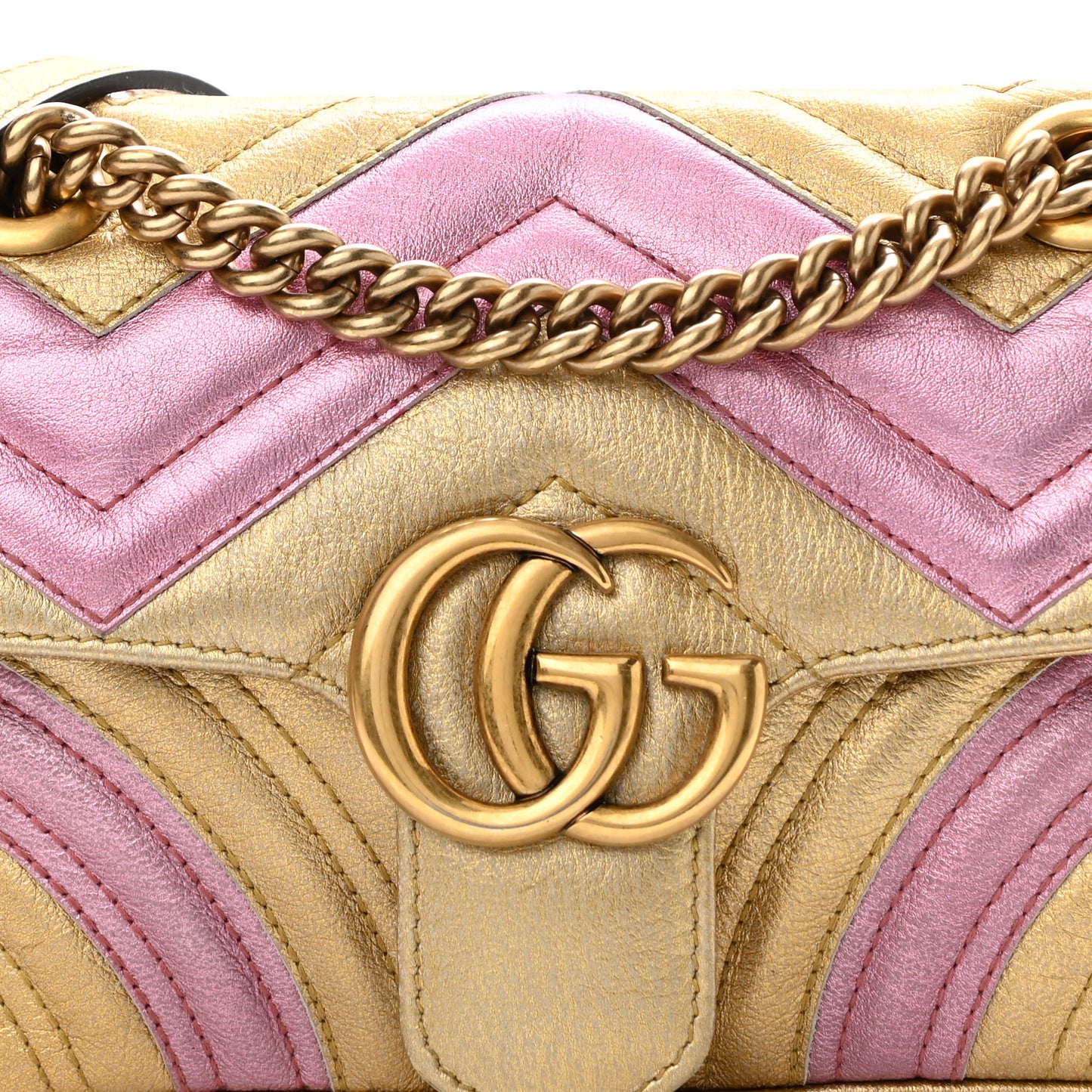 Metallic Calfskin Matelasse Mini GG Marmont Shoulder Bag Gold Pink