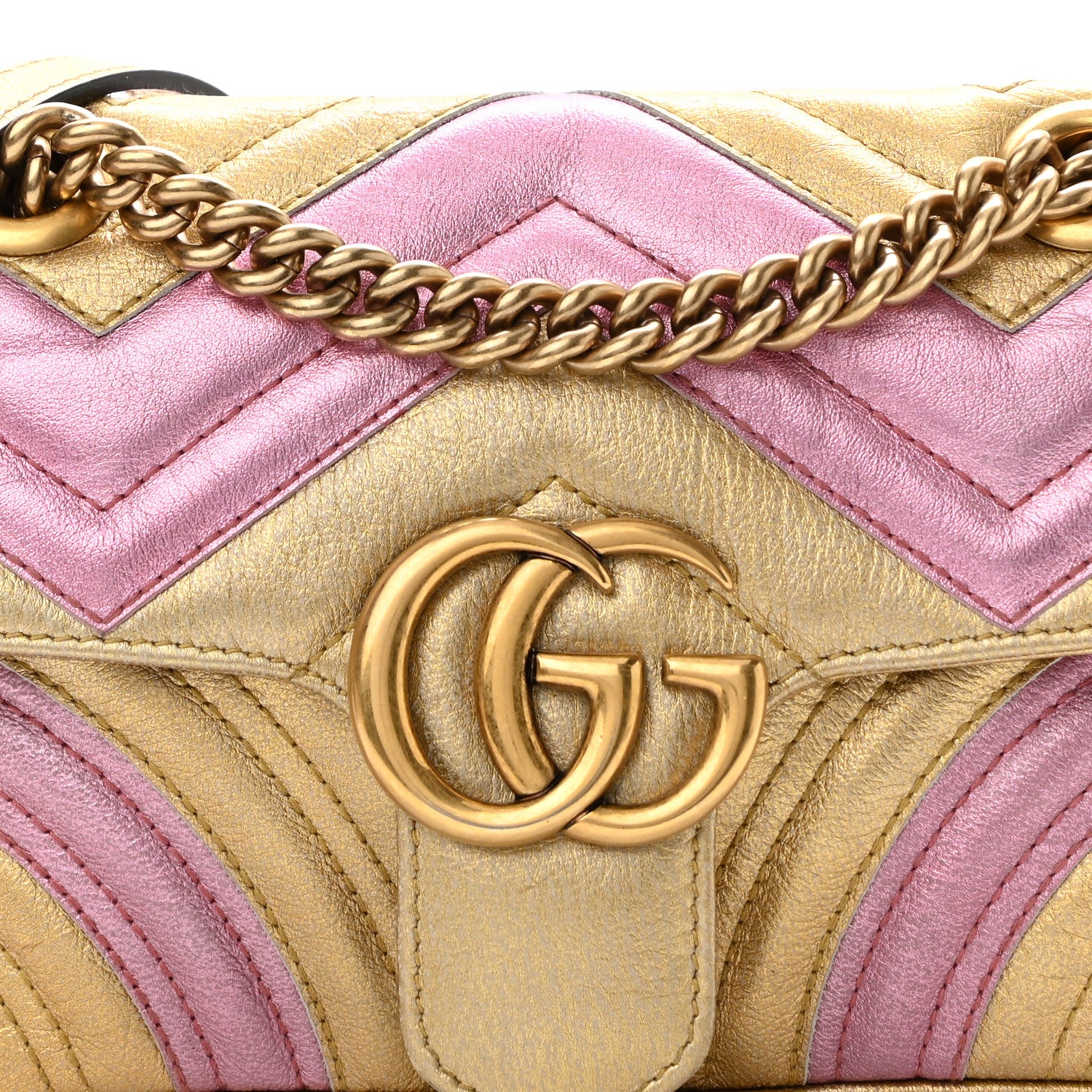 Gucci Metallic Calfskin Matelasse Mini GG Marmont Shoulder Bag Gold Pink 8 of 10