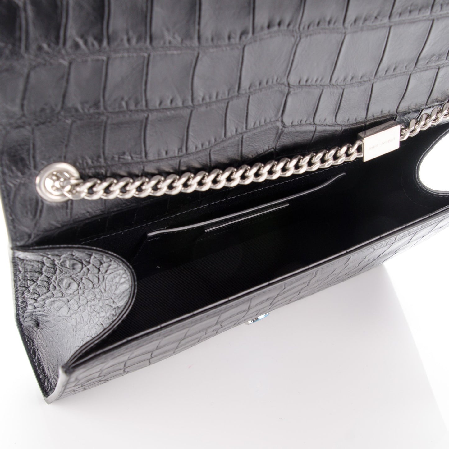 Calfskin Crocodile Embossed Medium Classic Monogram Kate Tassel Satchel Black